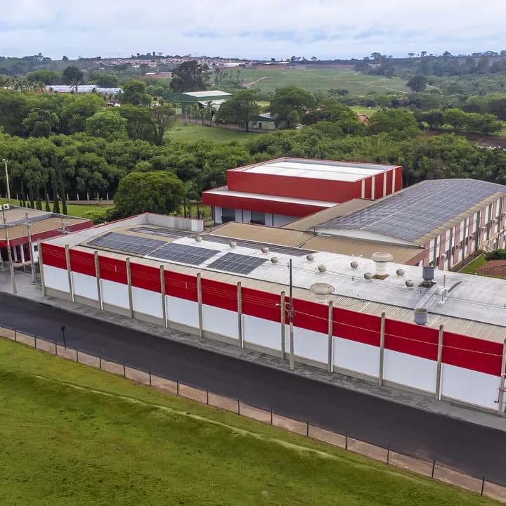 A planta vista do alto de lado, com os galpões enfileirados e o campo ao fundo