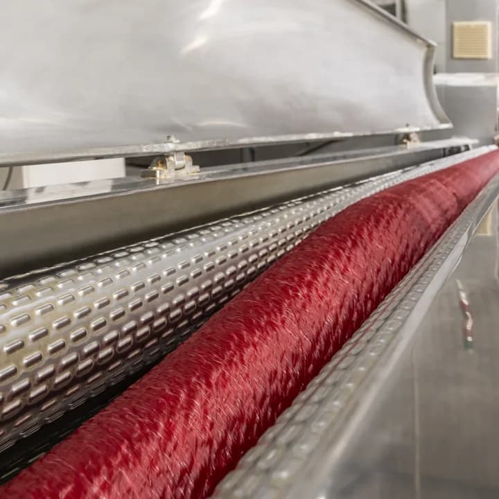 A corda de massa vermelha corre pela esteira ao longo da linha de produção